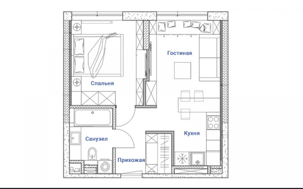 Фото-обзор современной однокомнатной квартиры с совмещенной кухней
