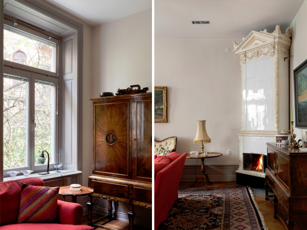 Обзор шведской квартиры в классическом стиле с высокими окнами и камином