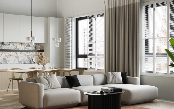 Обзор современного интерьера квартиры с высокими потолками и арочными проёмами