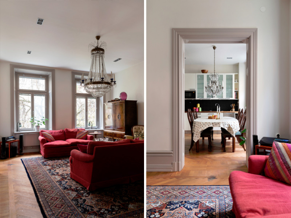 Обзор шведской квартиры в классическом стиле с высокими окнами и камином