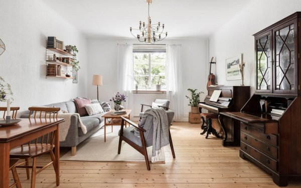 Скандинавский ретро-минимализм в квартире с неправильной геометрией