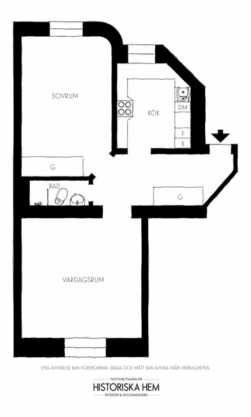 Приятная небольшая квартира с тёмным полом в Стокгольме (54 кв. м)