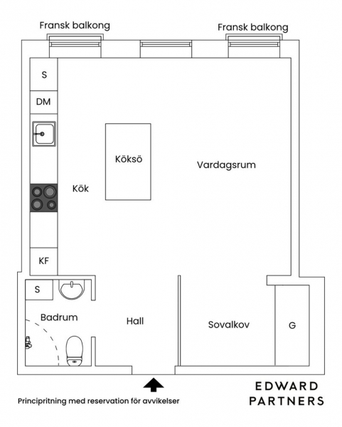 Черная кухня и вид на парк: маленькая современная квартира в Стокгольме (37 кв. м)